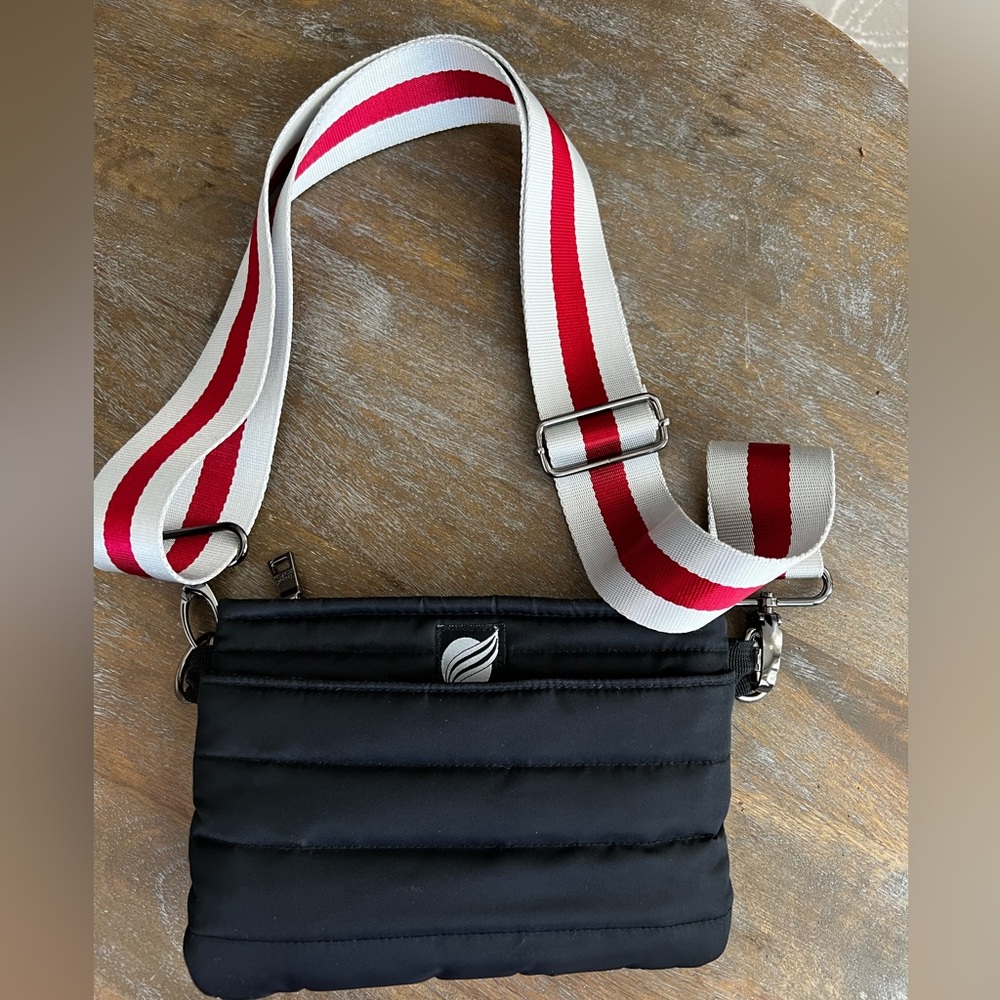 THINK ROYLN Black Crossbody with Red and White Stripe Strap
